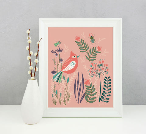 Red Bird and Blooms - Art Print