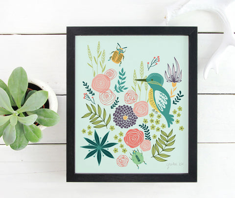 Blue Bird and Roses - Art Print