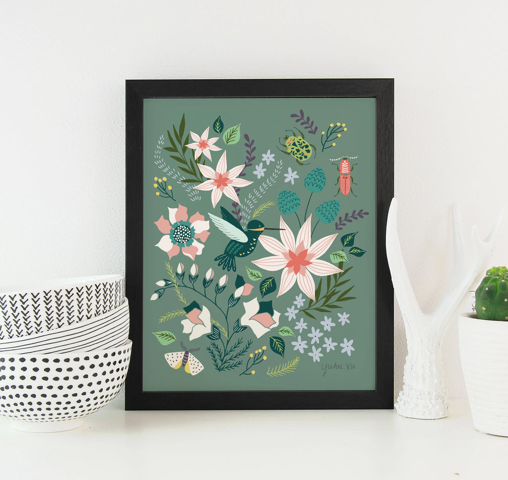 Green Bird and Blooms - Art Print