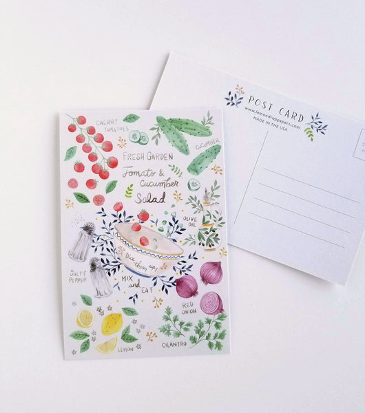 Salad Recipe Hand Illustrated Postcard